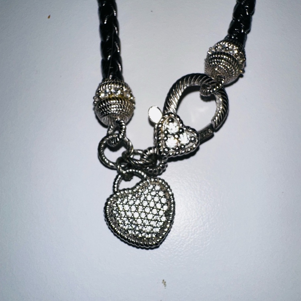 Judith Ripka gray leather Sterling Silver Heart Charm Necklace